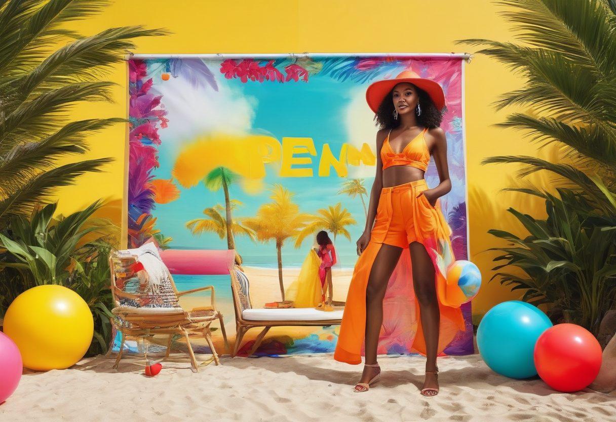 A vibrant summer scene showcasing various marketing materials like flyers, social media posts, and banners, all featuring trendy summer fashion items, colorful beach backgrounds, and stylish models. The sun is shining, and there's a beach ball and tropical plants to enhance the summer vibe. Bright, eye-catching typography and graphics make the materials pop. super-realistic. vibrant colors. summer theme.