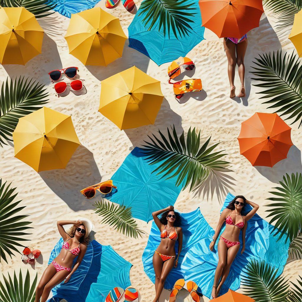 A vibrant beach scene showcasing diverse models wearing stylish bikinis and beachwear, lounging by the shoreline with sun umbrellas and tropical plants. Include a clear blue sky, sun-soaked sand, and beach accessories like sunglasses and beach towels. The atmosphere is joyful and inviting, epitomizing summer fun and fashion. super-realistic. vibrant colors. 3D.
